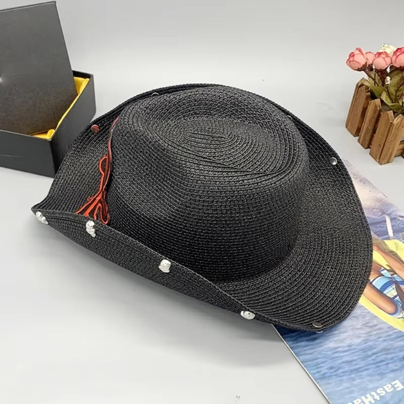 Vintage Straw Weaving Hat Women Men Ladies Cowboy Hat with Embroidery Skull Punk Bonnet Men Cosplay Hat
