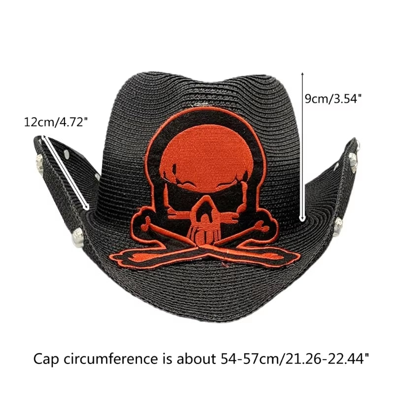 Vintage Straw Weaving Hat Women Men Ladies Cowboy Hat with Embroidery Skull Punk Bonnet Men Cosplay Hat