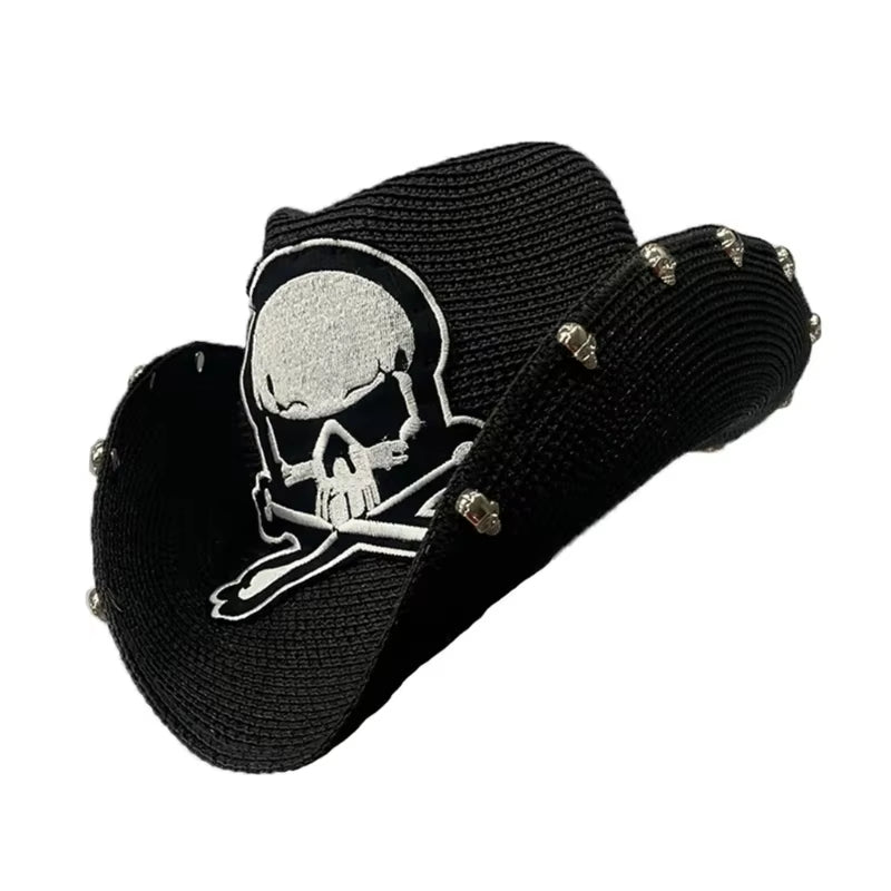 Vintage Straw Weaving Hat Women Men Ladies Cowboy Hat with Embroidery Skull Punk Bonnet Men Cosplay Hat