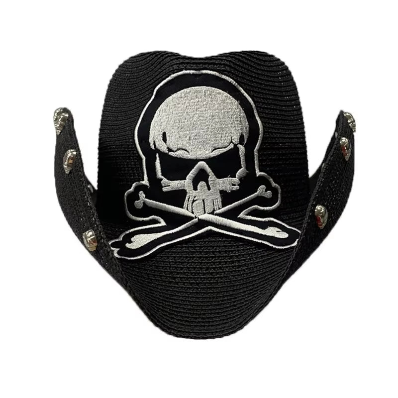 Vintage Straw Weaving Hat Women Men Ladies Cowboy Hat with Embroidery Skull Punk Bonnet Men Cosplay Hat